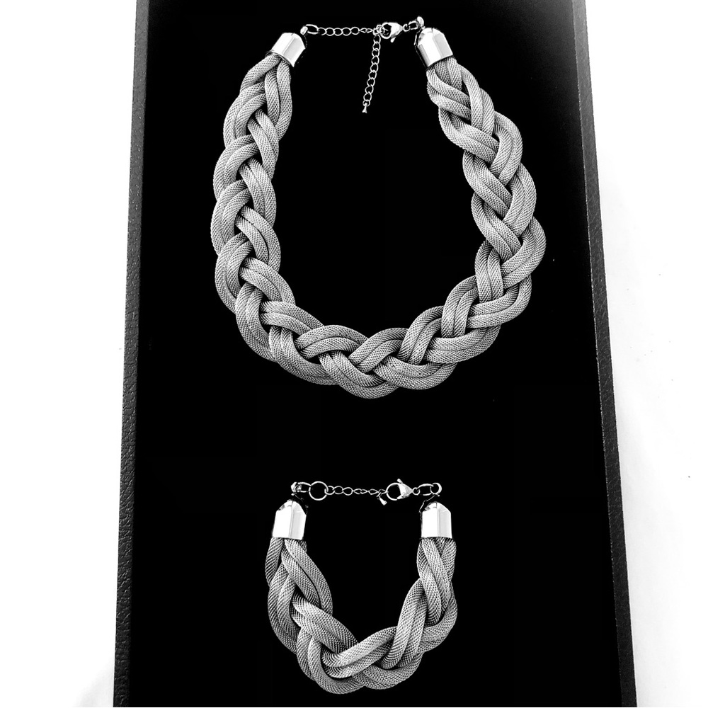Silver Tone Mesh Braided Collar Necklace & Bracelet Set